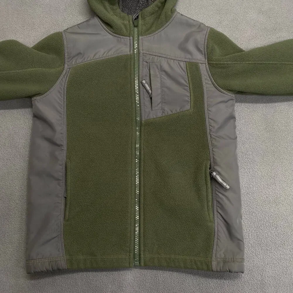 Lands End Full Zip Hoodie Fleece Sweater Jacket Kids 7 Green Grey Zipper Pockets